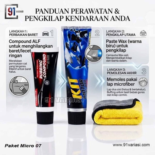 Paket kit paste wax metallic plus rubbing compound alf dan lap microfiber