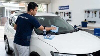 seorang pria sedah memoles kaca untuk Menghilangkan Jamur Kaca Mobil. 91 variasi