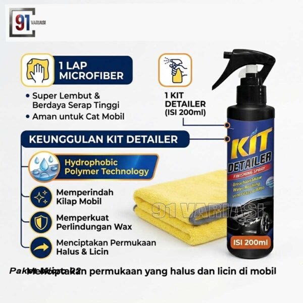 Infografis keunggulan Kit Detailer Pump 200ml: Hydrophobic Polymer, Efek Daun Talas, Kilap Instan, dan Aman untuk Cat Kendaraan