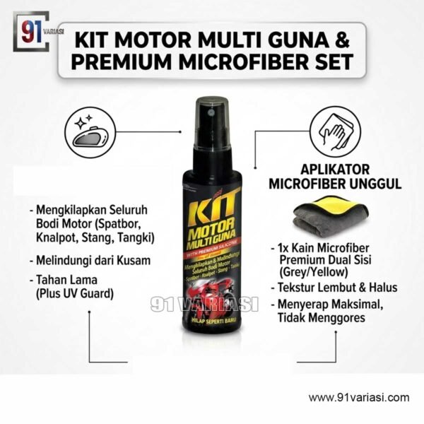 Infografis fitur Kit Multiguna untuk apa: mengkilapkan cat, chrome, dan karet bodi motor